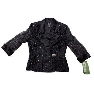 R & M Womens 8 Black Blazer Sheer Cuffed 3/4 Sleeve Rhinestone Buckle READ